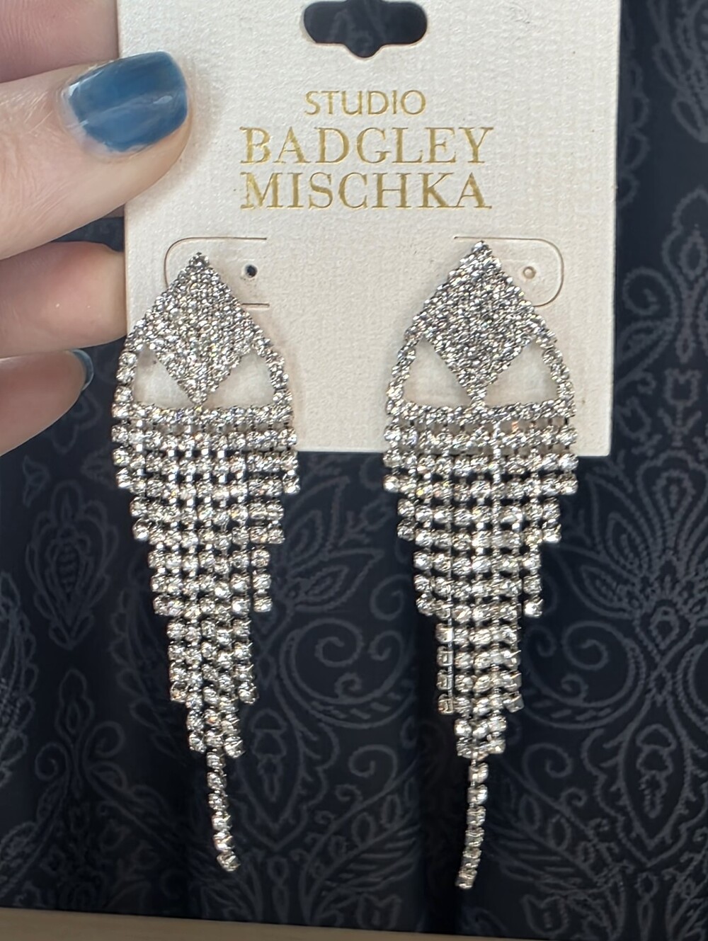 Studio Badgley Mischka Silver Rhinestone Fringe Chandelier Statement Earrings